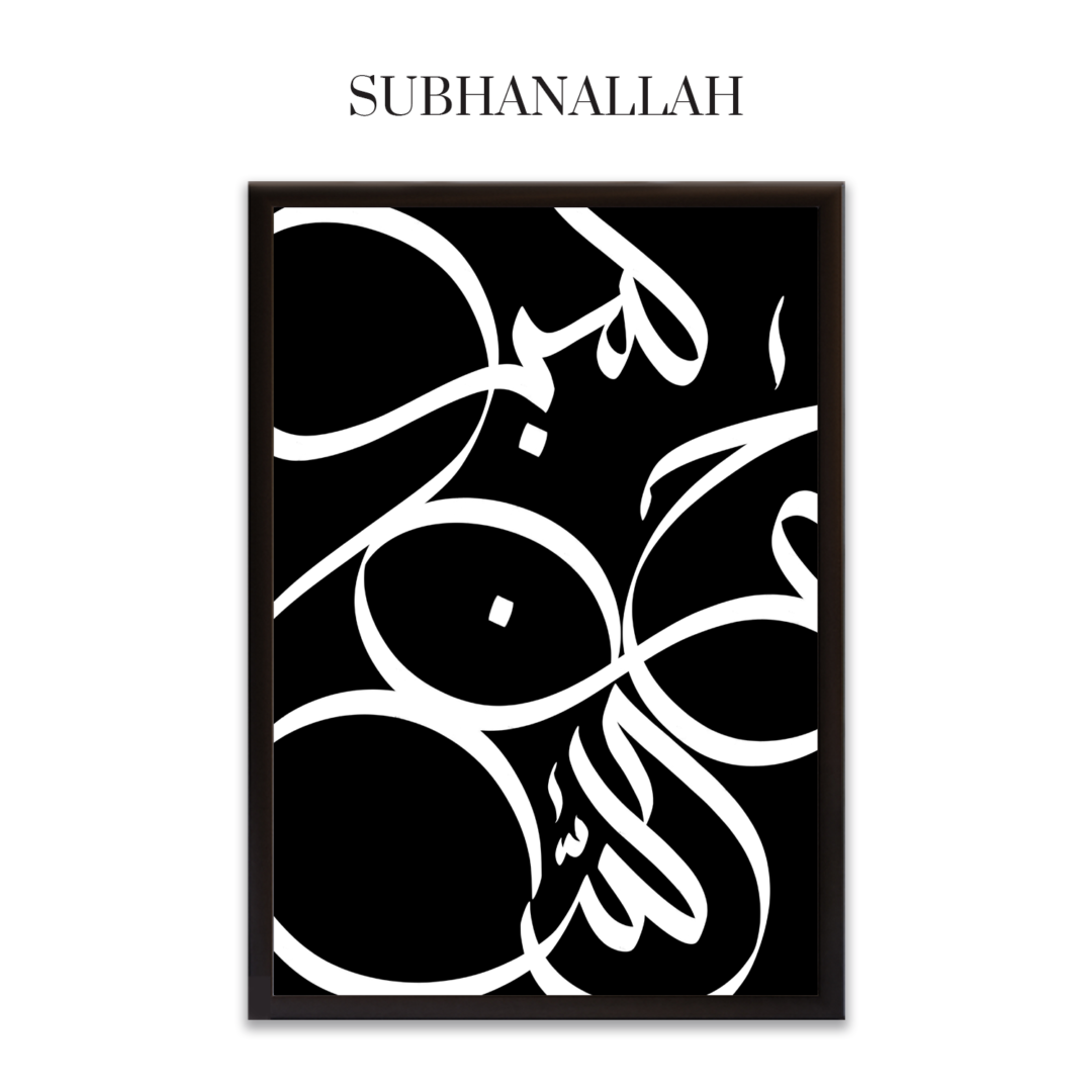 Subhanallah written in English above frame with arabic art, written in white on black background which says Subhanallah