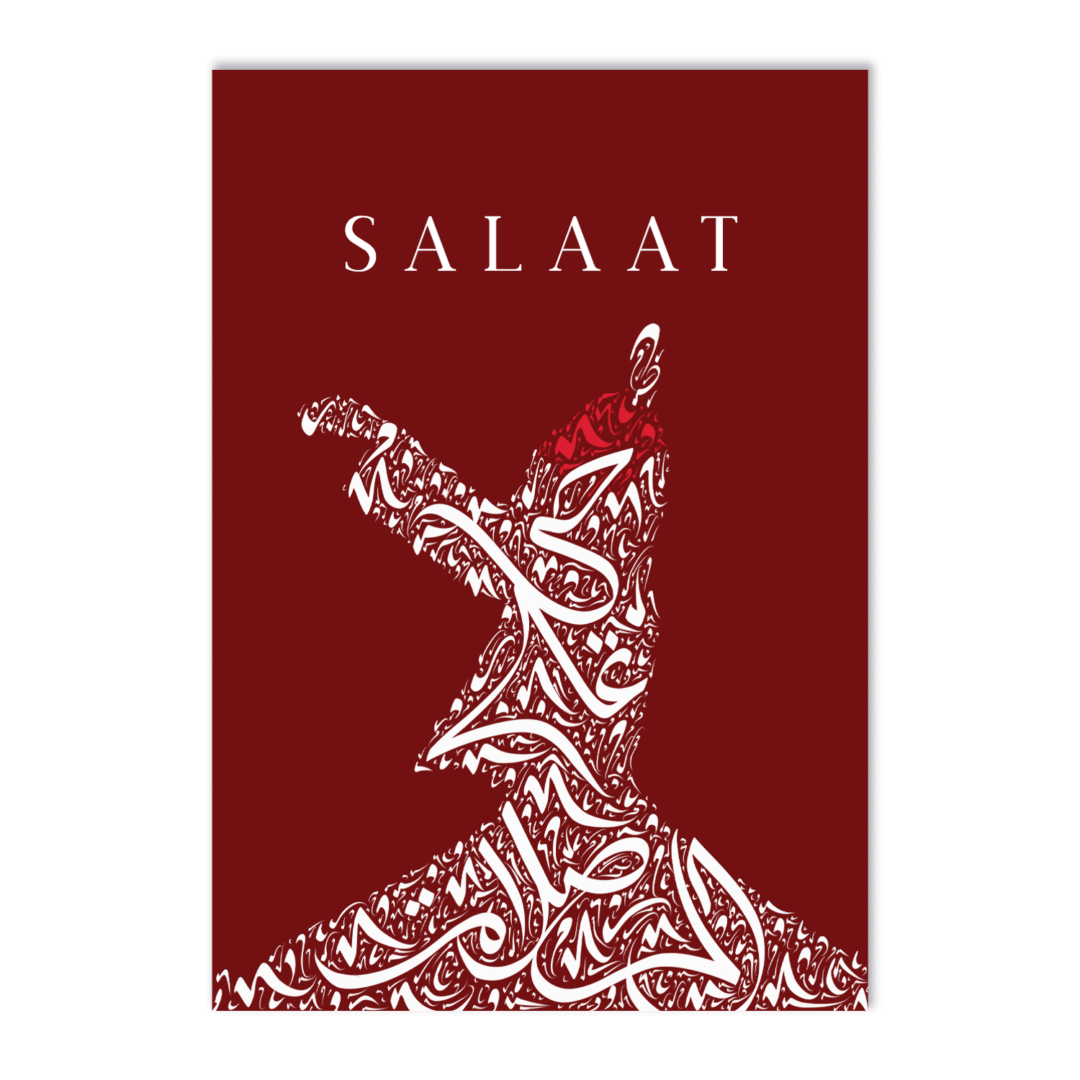 Salaat in English above Sufi dancer with arabic calligraphy writing which says 'hasten to salaat' on red background. Ottoman inspired islamic arabic art print in frame on white background.
