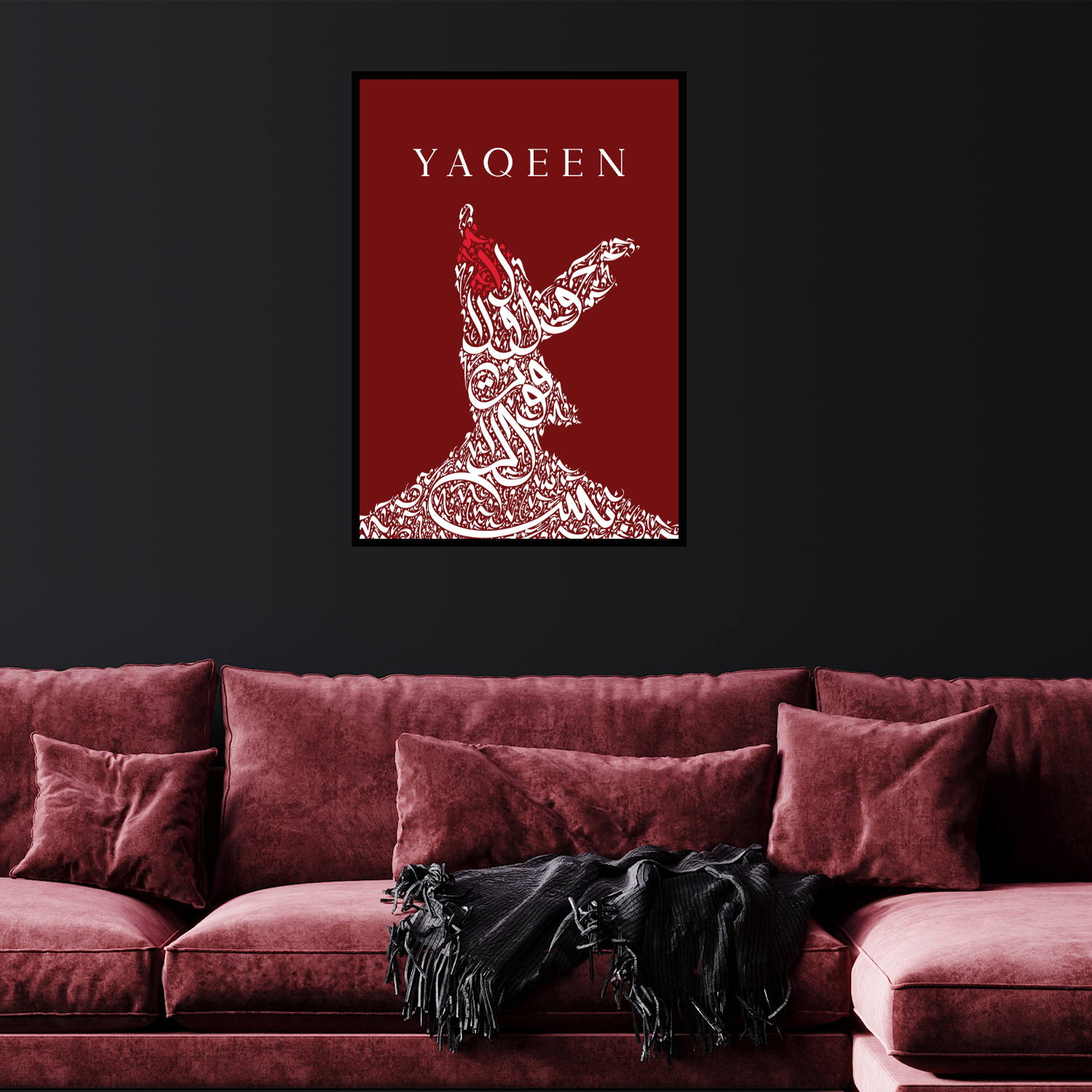 Yaqeen in English above Sufi dancer with arabic calligraphy writing which says 'There is no strength or might except with Allah' on red background. Ottoman inspired islamic arabic art print.