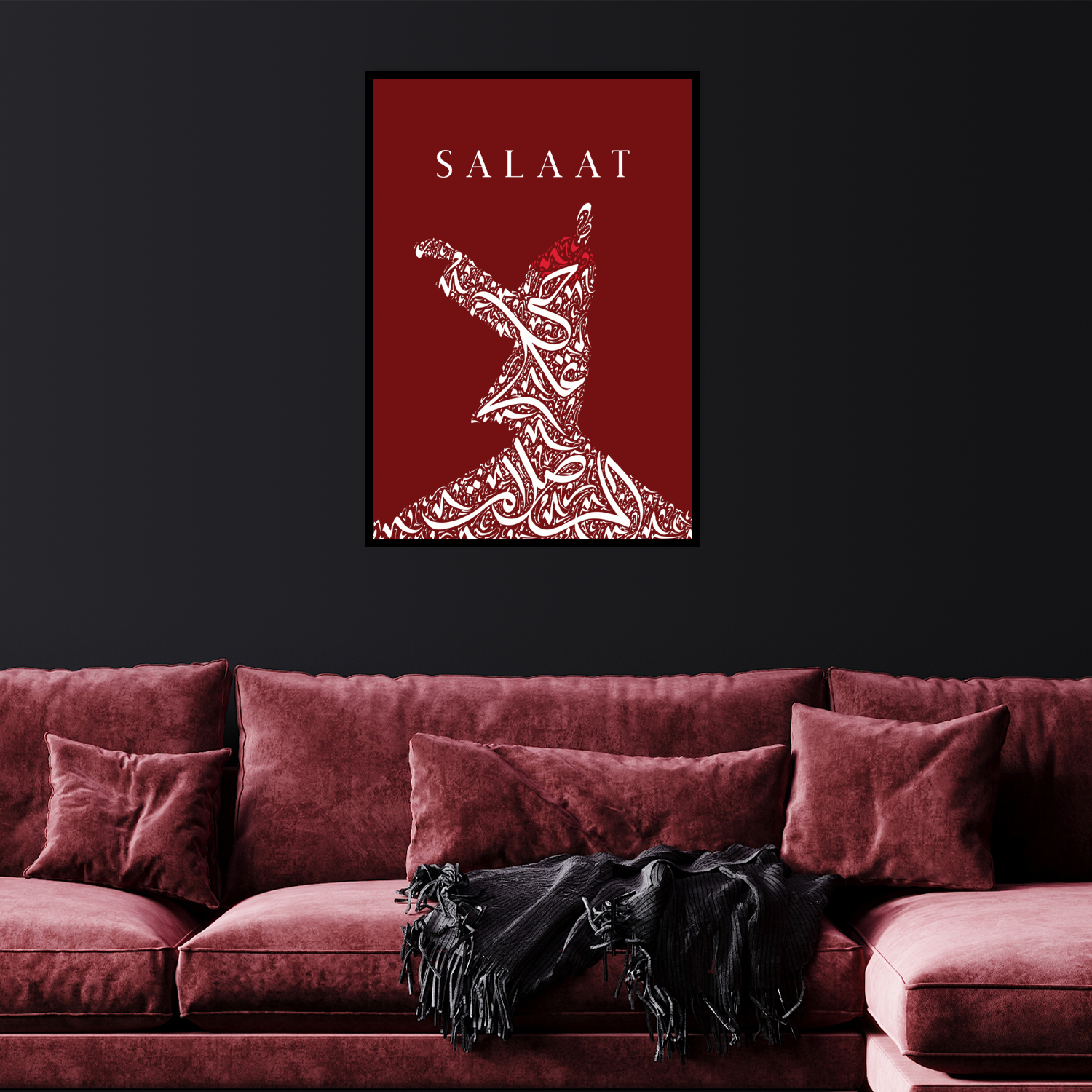 Salaat in English above Sufi dancer with arabic calligraphy writing which says 'hasten to salaat' on red background. Ottoman inspired islamic arabic art print in frame above red sofa on black wall.