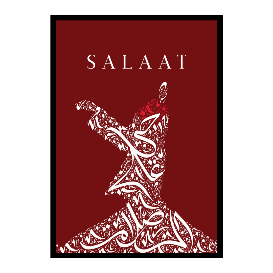 Salaat in English above Sufi dancer with arabic calligraphy writing which says 'hasten to salaat' on red background. Ottoman inspired islamic arabic art print in frame on white background.