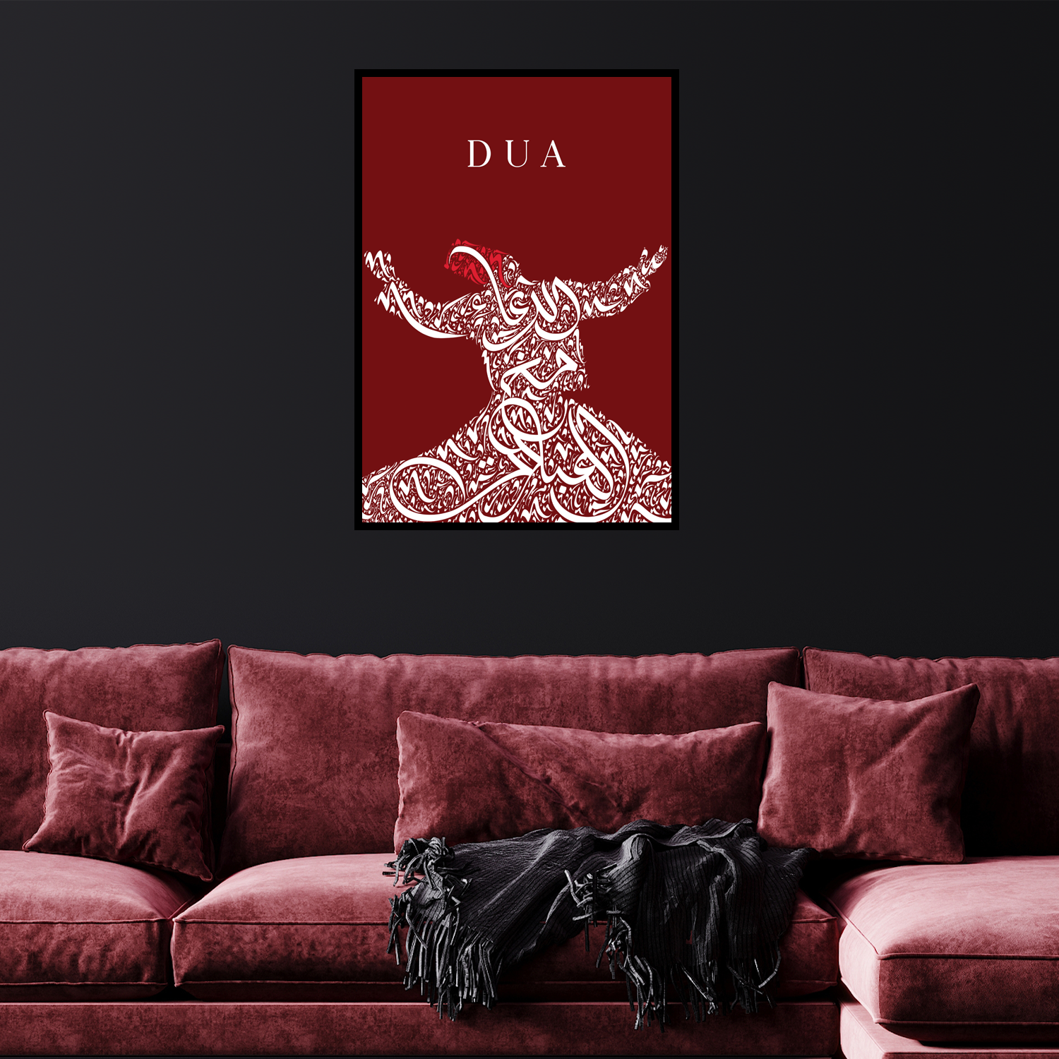 Dua in English above Sufi dancer with arabic calligraphy writing which says 'Supplication is worship' on red background. Ottoman inspired islamic arabic art print in frame on black wall above red sofa.