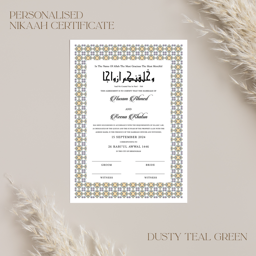 Close up of personalisable nikaah certificate art print in dusty teal green on beige background.