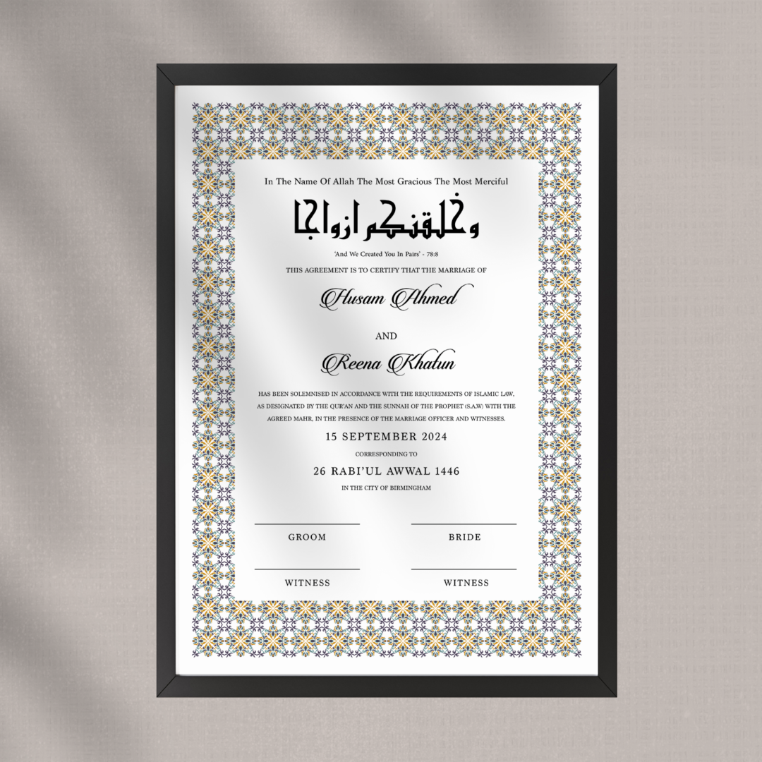 Framed personalisable nikaah certificate art print in dusty teal green in frame on beige background.