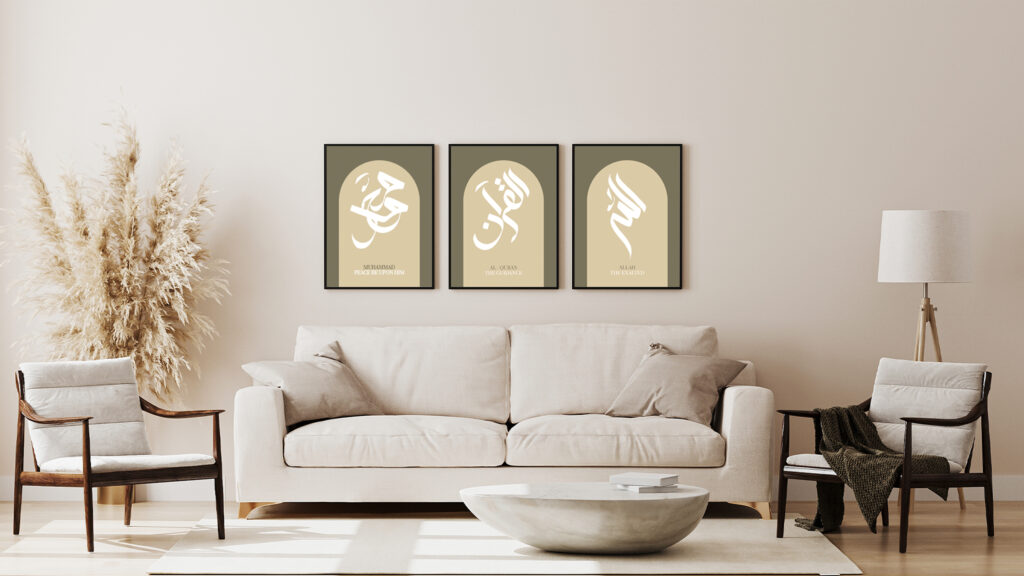 Three piece islamic set atop couch in minimal living room