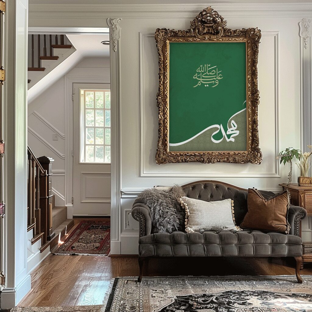 Modern Islamic wall art print with Muhammad S.A.W written in arabic calligraphy with geometric patterns on green background.