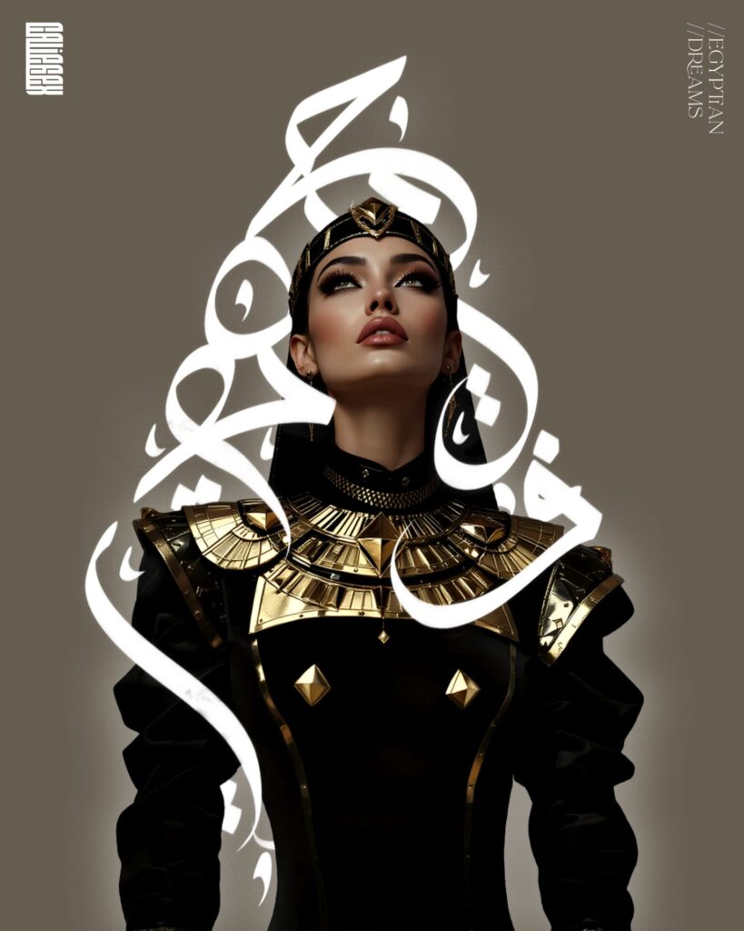 Caliefex arabic calligraphy behind a pharaoh inspired outfit worn by Arabian woman
