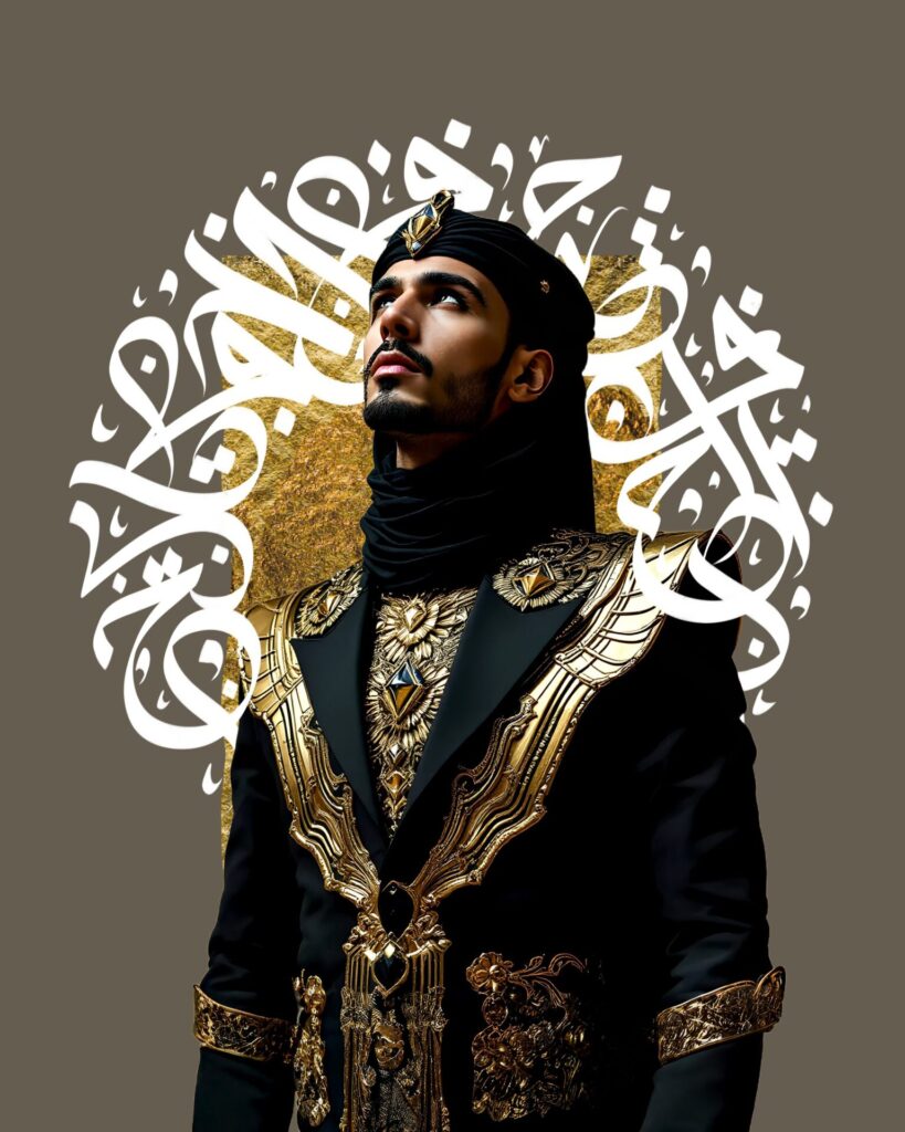 Caliefex arabic calligraphy behind a pharaoh inspired outfit worn by Arabian man